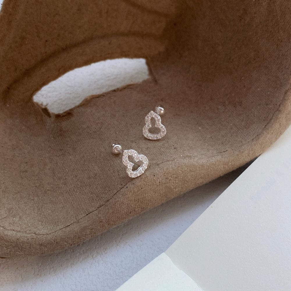 S999 Sterling Silver Chinese-Style Hollow Gourd Stud Earrings with Rhinestones for Women - Luxurious Feel, High-End Design
