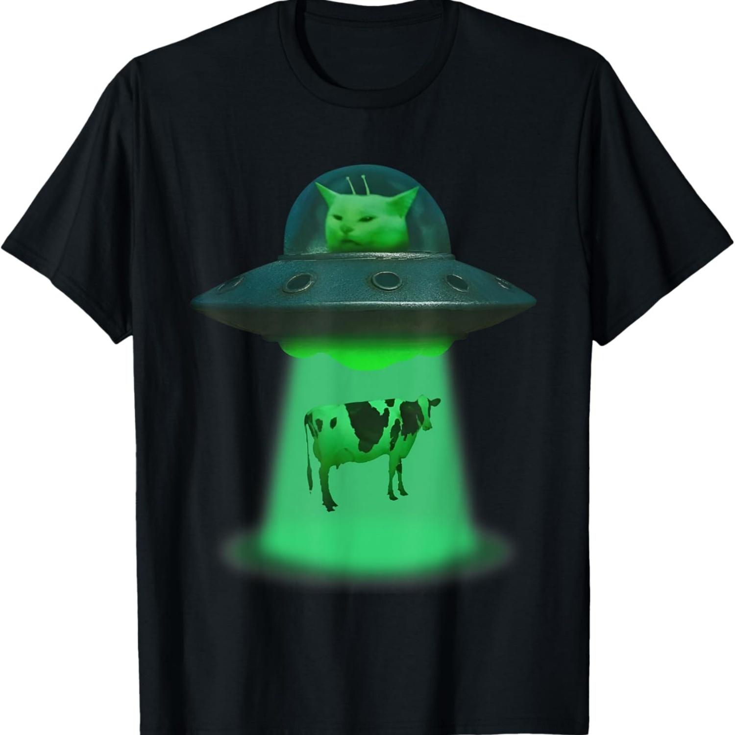 Funny UFO Meme Cat Cow Gen Z Joke Cat Lover Gifts T-Shirt S