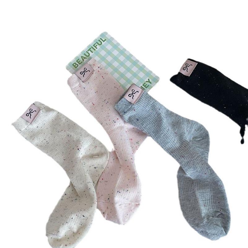 Autumn and Winter College Style Cotton Socks, Colorful Polka Dot Yarn Bow, Fabric Label Mid-calf Socks, Pile Socks for Girls