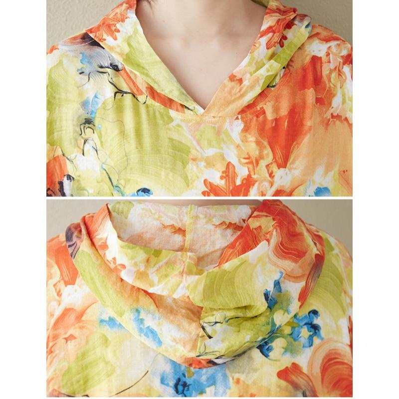 DIMANAF 2025 Plus Size Summer Women Basic Dress Floral Printing Vintage Casual Loose Hooded Long Dress Maxi