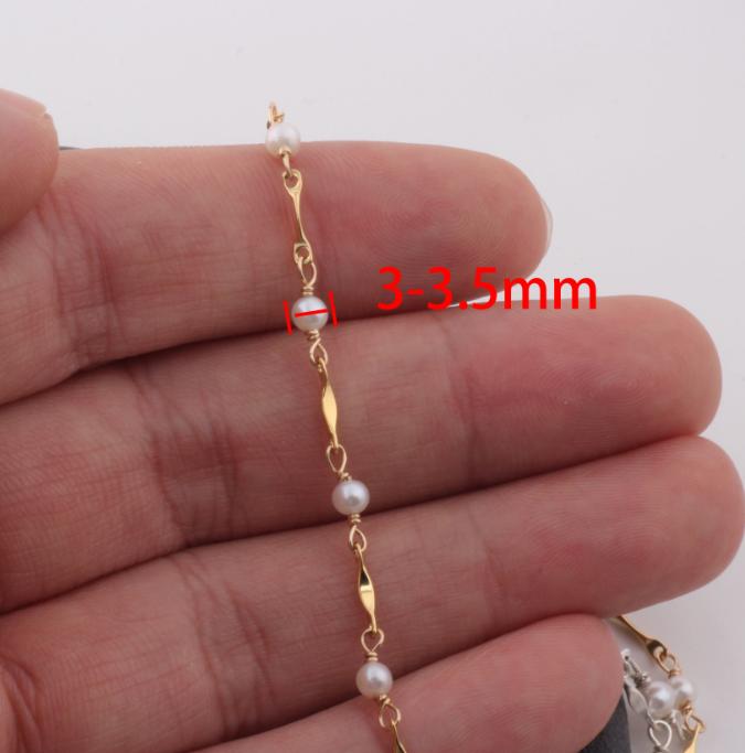 14K Gold Filled Dapped Bar Chain Beaded 3-3.5mm Fresh Water Pearls for DIY Permanent Handmade Necklace Bracelet Jewelry Making