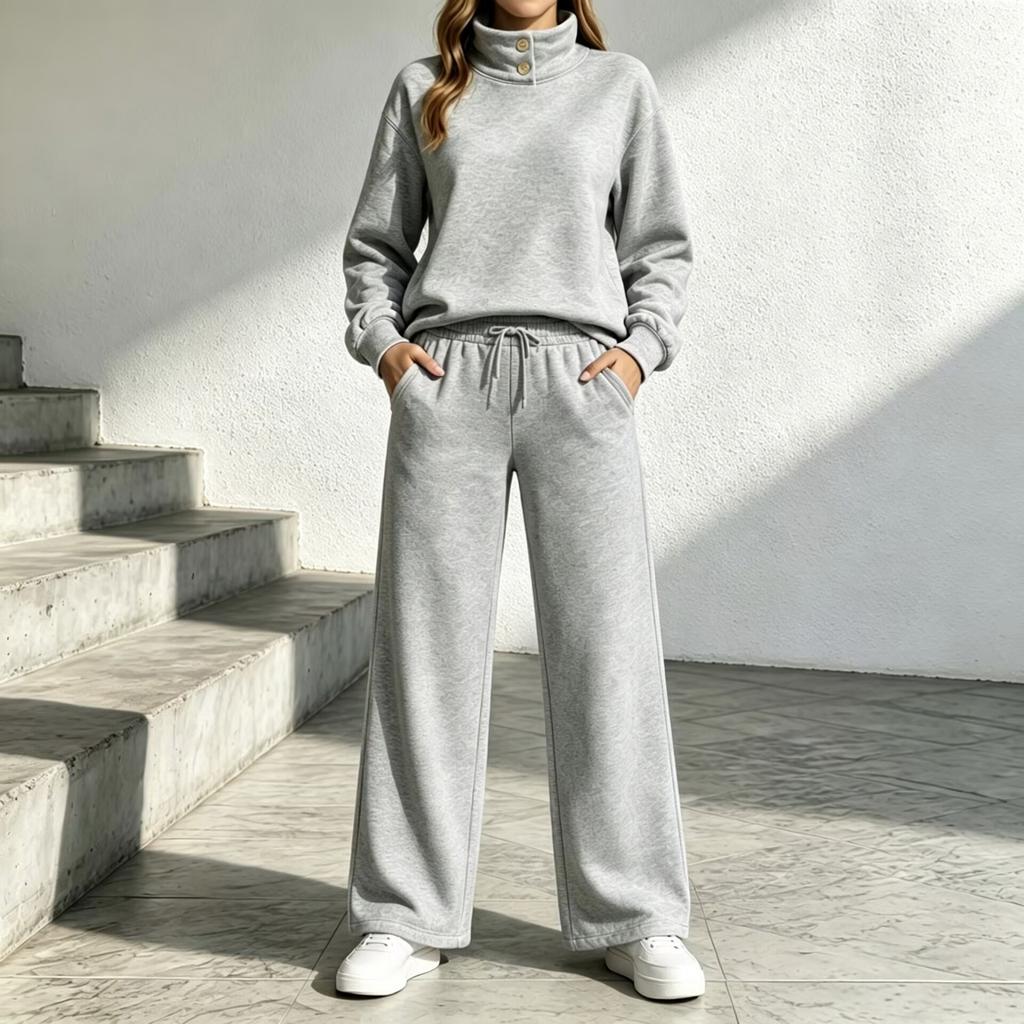 Women's High Neck Loose Fit Long Sleeve Sweatshirt and Wide Leg Pants Tracksuit Set