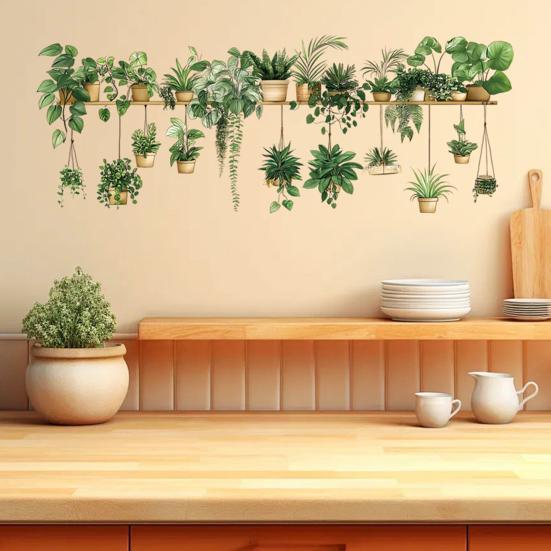Potted Green Plant Shelf Wall Decal Tropical Plants Green Leaves Wall Stickers Removable Wall Art Murals for Living Room Bedroom Kitchen Office