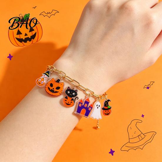 Versatile Festive Wrist Ornament Halloween Charm Bracelets for Women, Cute Spooky Pumpkin Cat Ghost Castle Pendant Holiday Costume Accessory Bracelet,