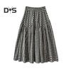 Women Midi Skirt Plaid Print Stitching Design A-Line Skirt Elastic High Waist Retro Style Swing Skirt Daily Wear