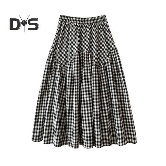 Women Midi Skirt Plaid Print Stitching Design A-Line Skirt Elastic High Waist Retro Style Swing Skirt Daily Wear