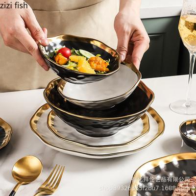 Irregular Gold-plated Edge Ceramic Steak Plate Salad Plate Dessert Plate Matte Thick Soup Bowl Restaurant Creative Tableware