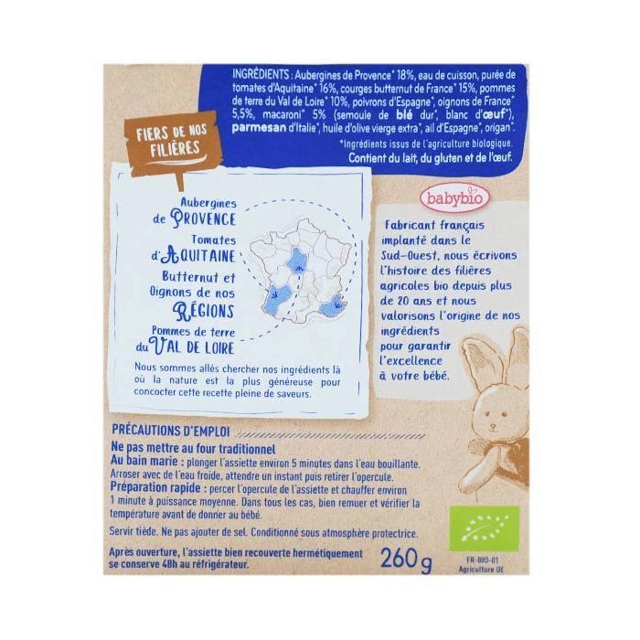 Babybio - Teller Gute Nacht Aubergine Makkaroni Oregano - Bio - 260g - Ab 15 Monaten