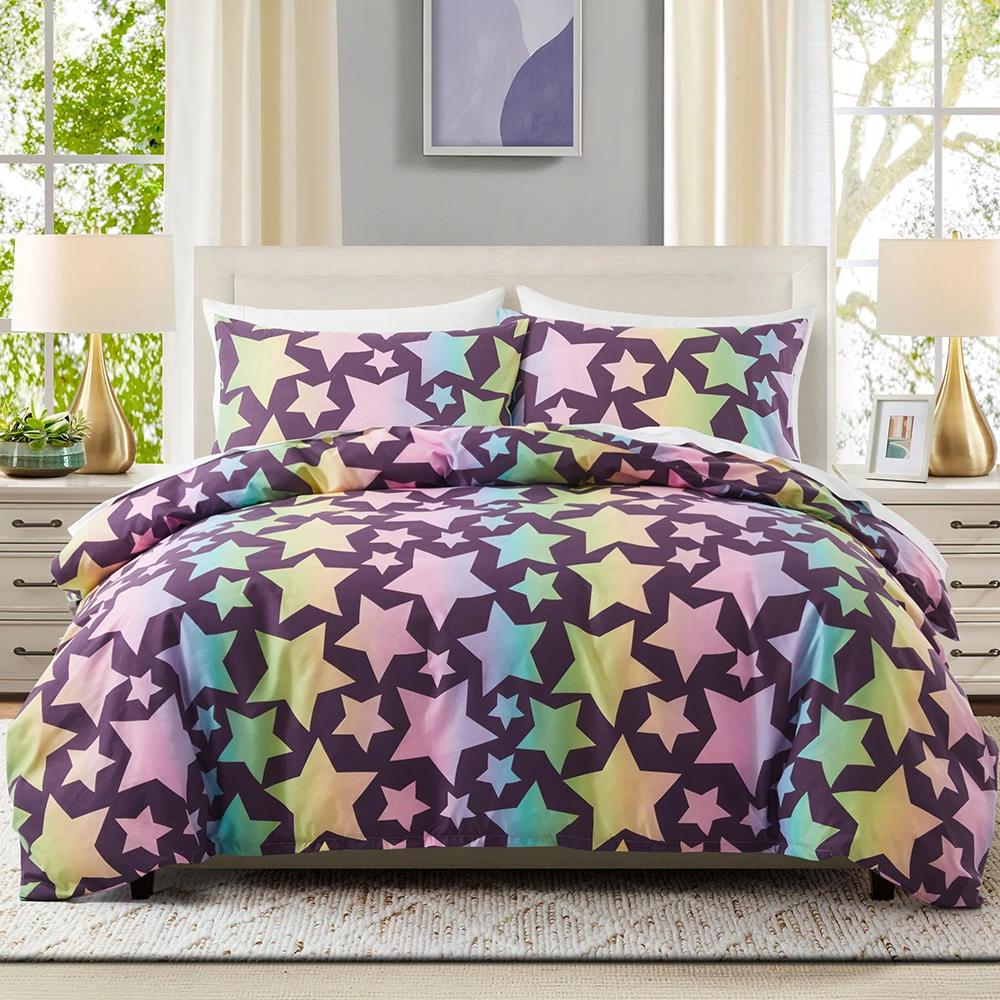 Girly Galaxy Duvet Cover,Reversible Dreamy Pink Grey Gradient Comforter Cover,Watercolor Starry Sky Glittering Stars Bedding Set