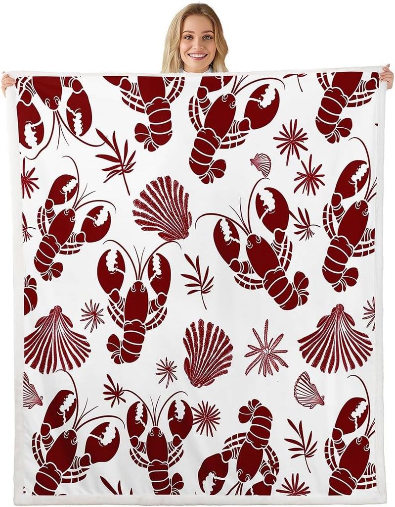 Red Lobster Pattern Blanket Soft Fleece Throw Seafood Theme Decor Fun Gift for Kitchen Living Room Bedroom