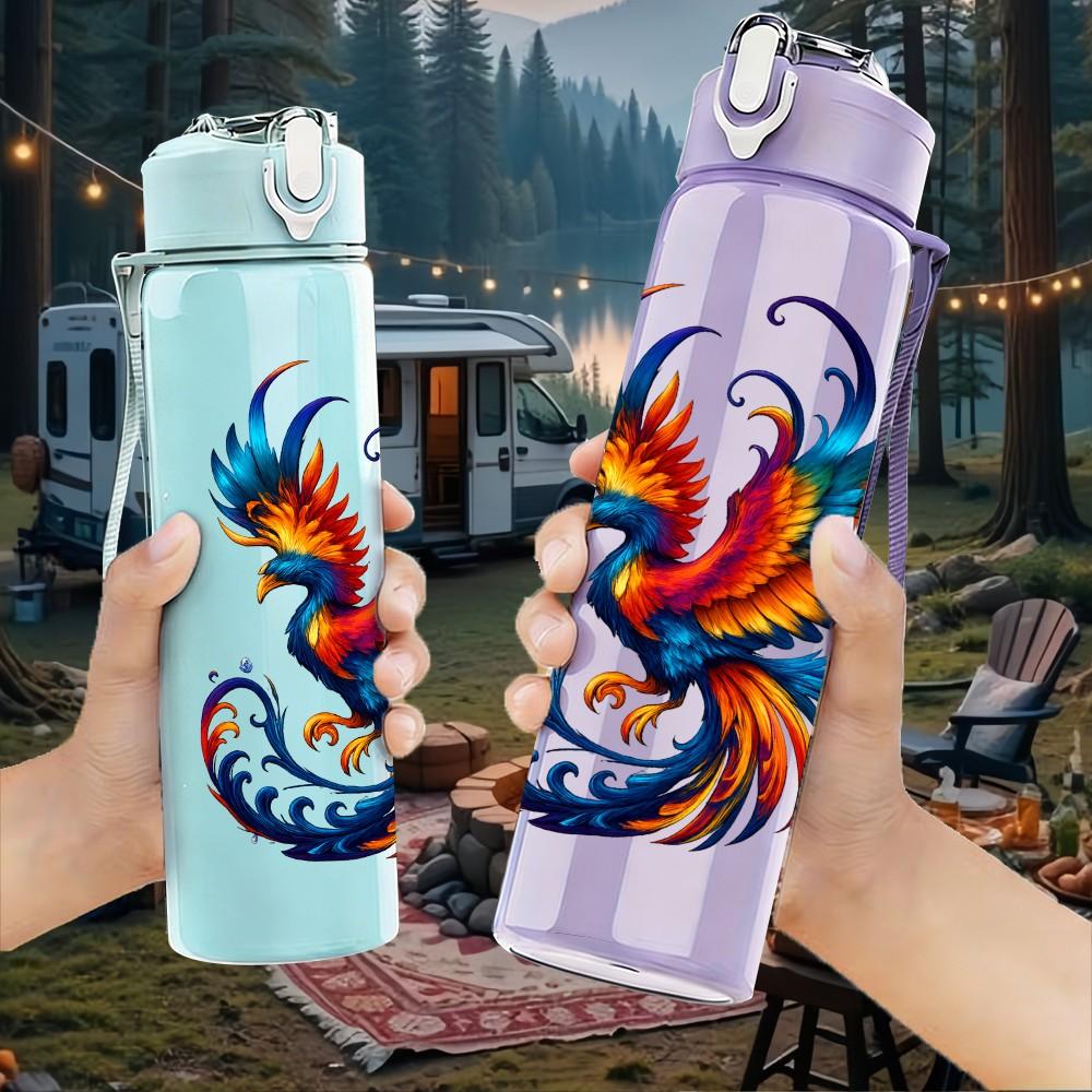 1PC Phoenix Bird Fire Pattern 750ml Color Plastic Sports Water Bottle Leakproof Flip Straw Lid Suitable for Sports Office Home Use