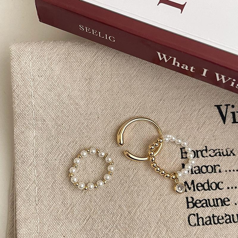Electroplated pearl round bead elastic geometric opening ring three-piece light luxury niche index finger ring jewelry