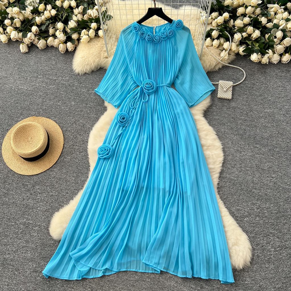 Spring Autumn Woman Dress New Flower Round Ne Seven-Quarter Sleeve Waist-Cinching Pleated Dresses for  Women Slimming Gown