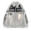 Vintage Motorcycle Racing Jacket PU Leather Biker Coat Stand Collar Black White Contrast Unisex Streetwear Outerwear