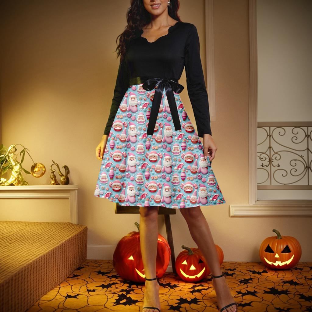 Women's Casual Fashion V-neck Long Sleeved Retro Christmas Print Retro Dress