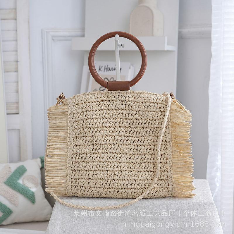 Hand-woven Tassel Straw Bag Round Handle Summer High-quality Large-capacity Beach Bag Women s Vacati Shoulder Crossbody Bag бежевый