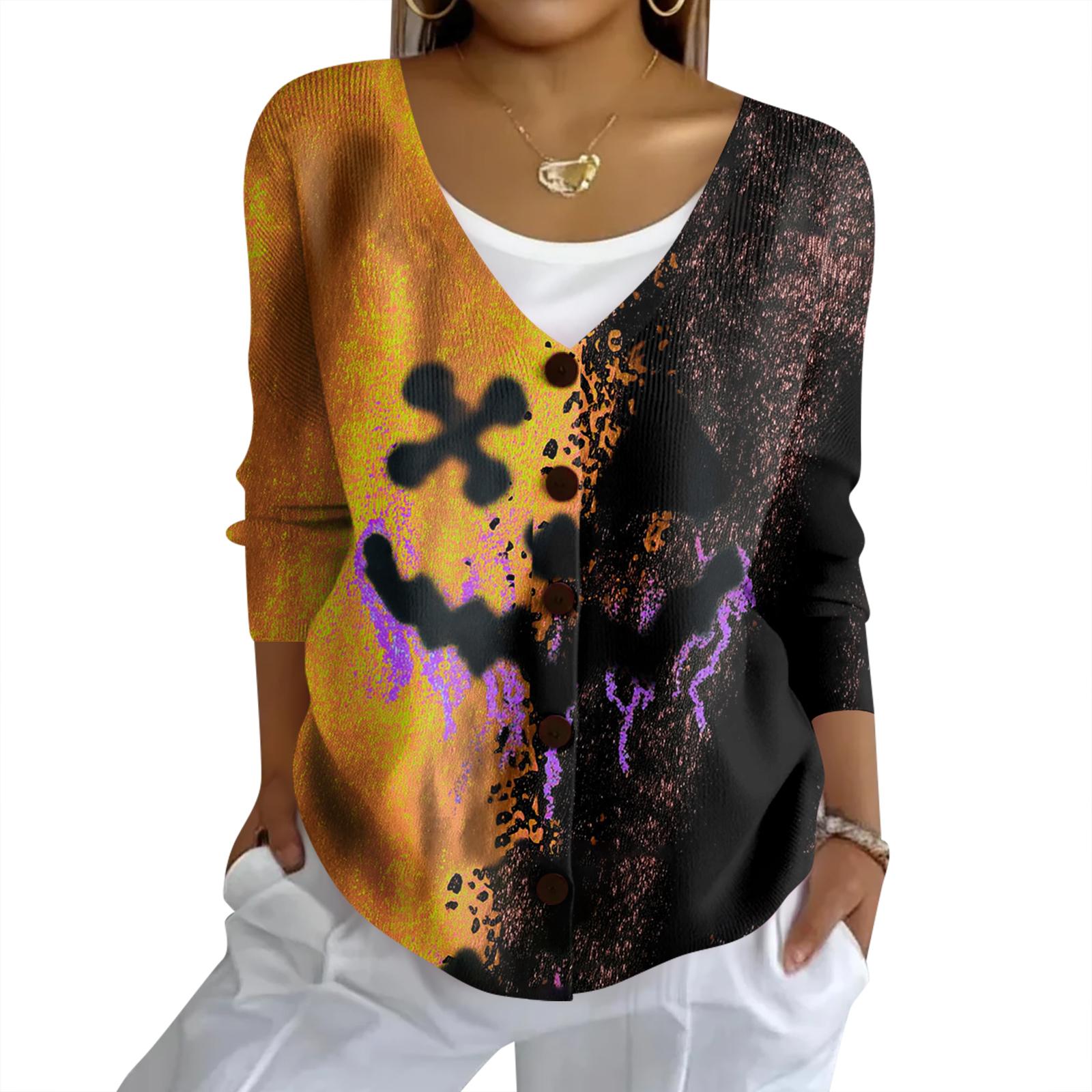 

Женский модный повседневный вязаный свитер на пуговицах, кардиган-жакет с принтом на Хэллоуин S