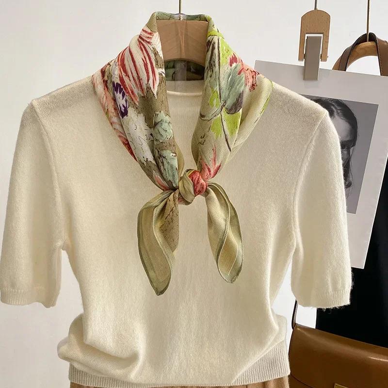 Retro Floral Print Small Neck Ties 70*70Cm Velvet Square Scarf For Women Soft Cotton Neckerchief Lady Hijab Female Hair Headband