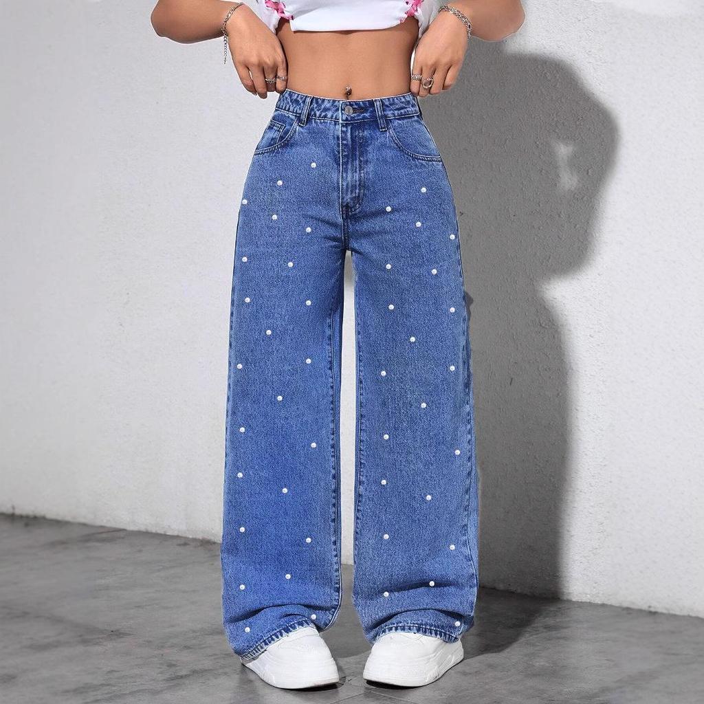 INS Style Pearl Adorned Straight-Leg Wide Denim Pants
