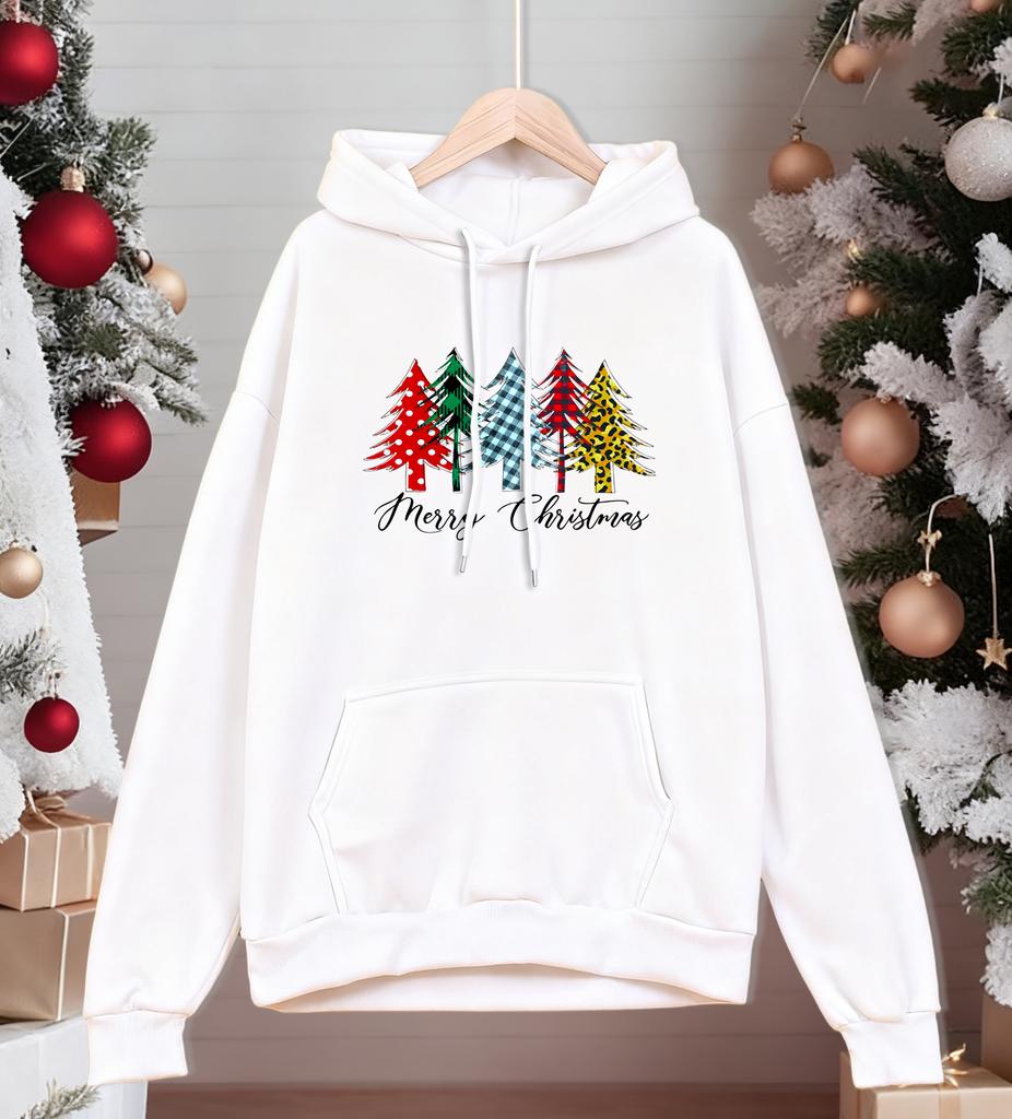 Merry Christmas Creative Tree Prints Men Hoodies Fleece Soft Hoody Hip Hop Fashion Streetwear Casual All-Match Unisex Pullovers