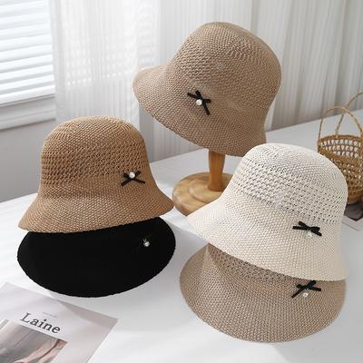 Women's Bucket Hat Korean Style Sweet Bow Summer Hat Sun Protection Solod Color Simple Bob Cap Female Sunhat