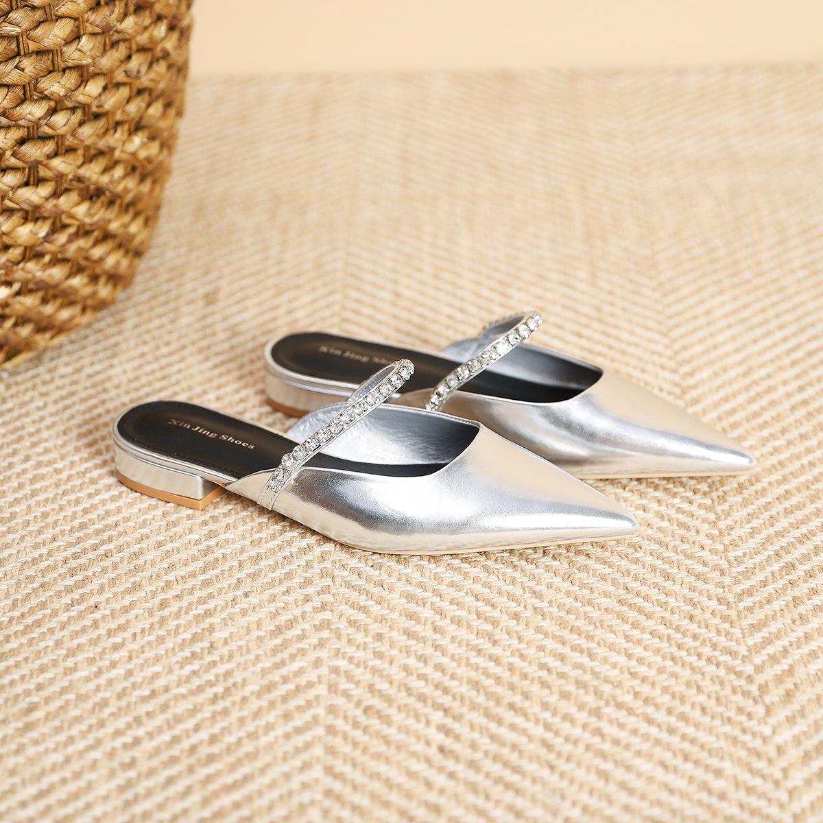 

K77-1 серебряная цепочка со стразами остроносые туфли на плоской подошве 2025 весна леди стиль легкая роскошь сверкающие бриллианты туфли-лодочки на низком каблуке 40 серебряный