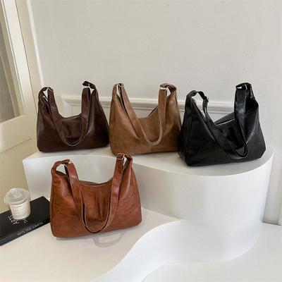 Large Capacity Solid Color Retro Trend Fashion Simple Casual Commuting Shoulder Tote Bag Women