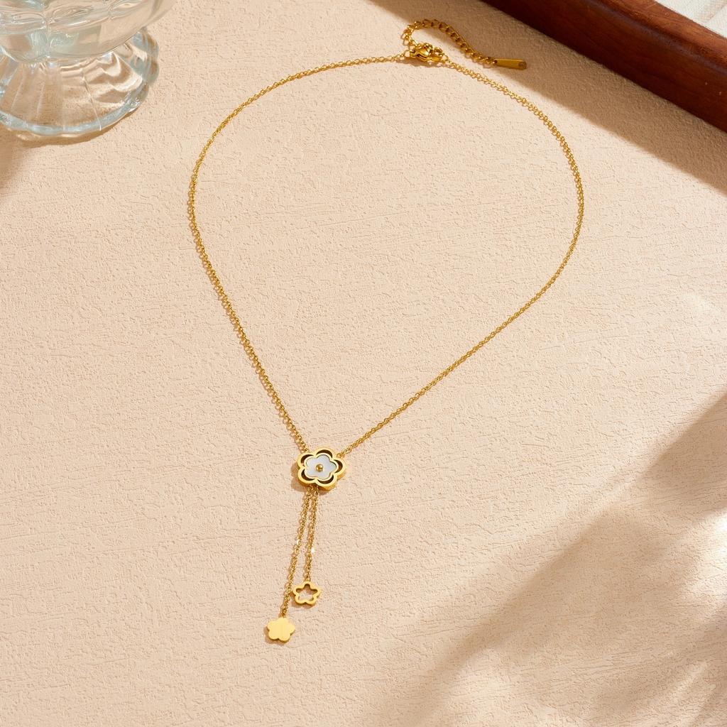 DIEYURO 316L Stainless Steel White Shell Petal Hollow Golden Flower tassel Pendant Necklace Lady Fashion Clavicle Chain Jewelry