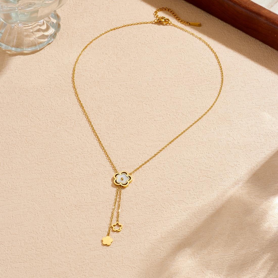 Shell Double Layered Flower Tassel Pendant Necklace Lady 316L Stainless Steel Temperament Luxury Jewelry