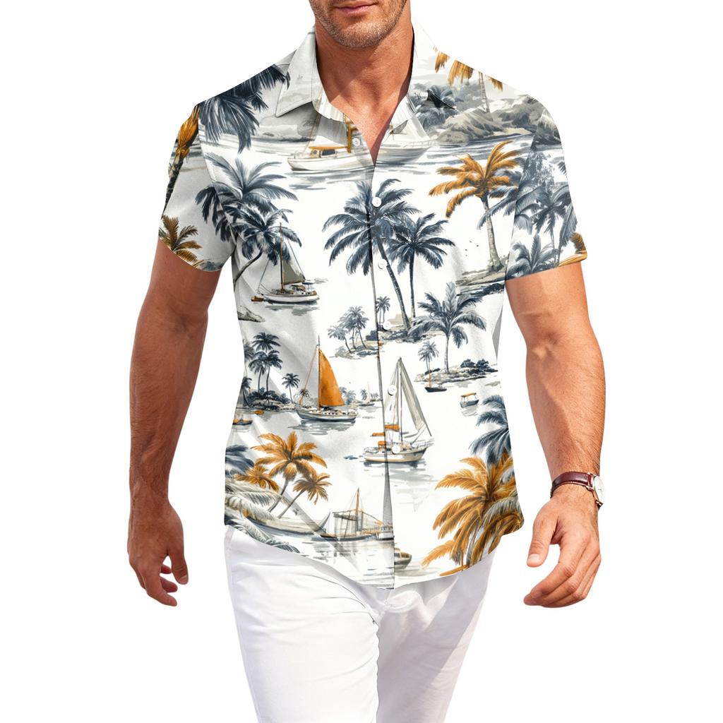 Men's Casual Loose Fit Hawaiian Short Sleeve Shirt Lightweight Button Down Tropical Printed Shirt for Summer Beach Vacation