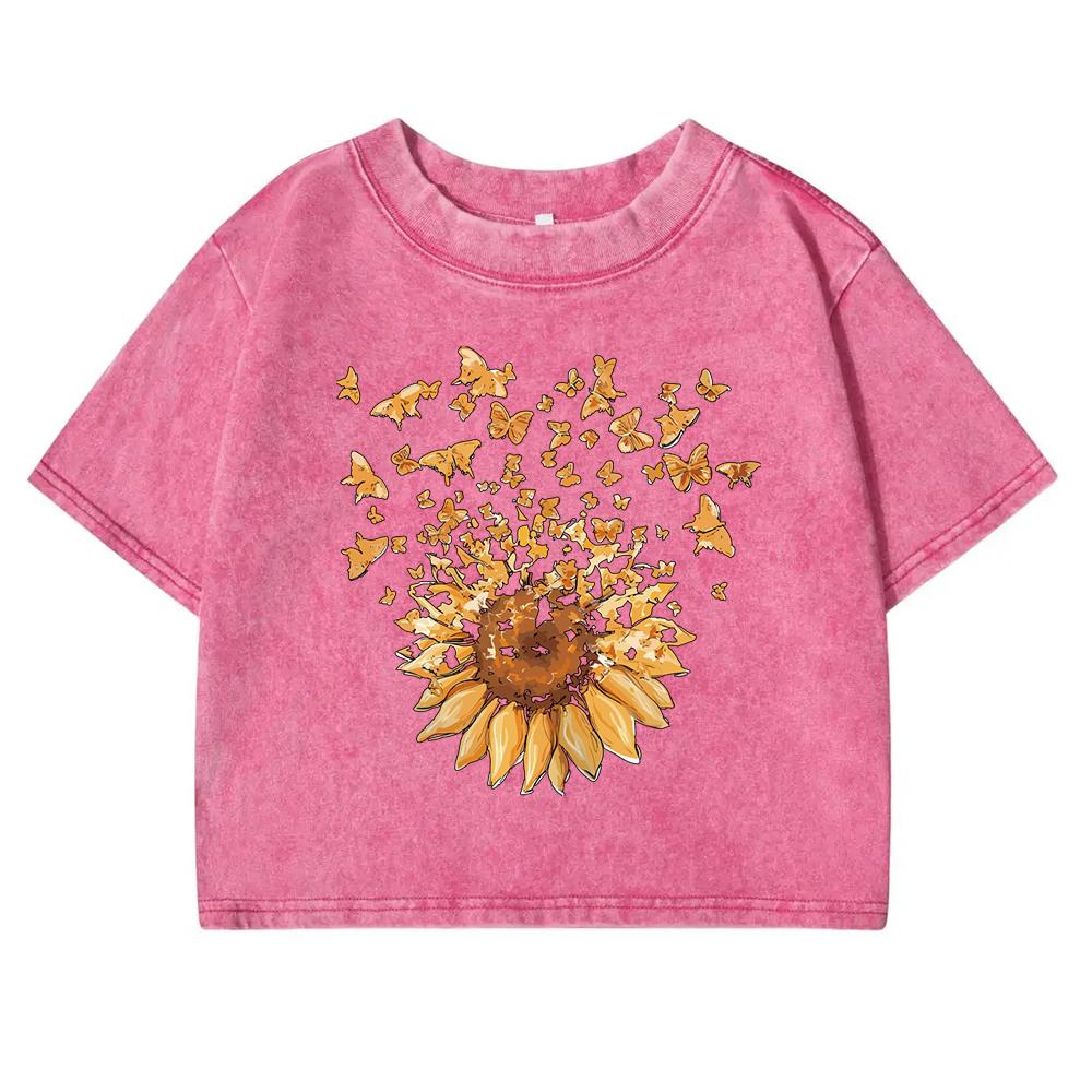 Sunflower And Butterfly Print Washed Tee Shirt Women Casual Retro T Shirts Cotton Tees Clothes New O-Neck Crop Top