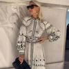 Retro Elegant Stand Collar Long Dress Women Pattern Print Belted Buckle Party Dress Autumn Long Sleeve A-Line Boho Dress