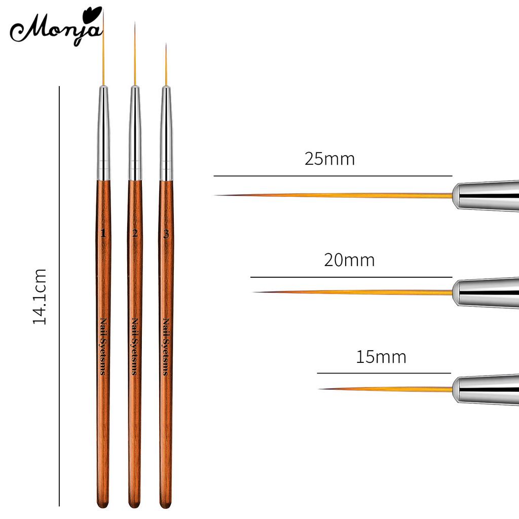 monja 3pcs Nail Art Brush UV Gel Polish Liner Drawing Painting French Lines Stripe Flower Patterns Manicure Design Pen Wooden Salon DIY Tool