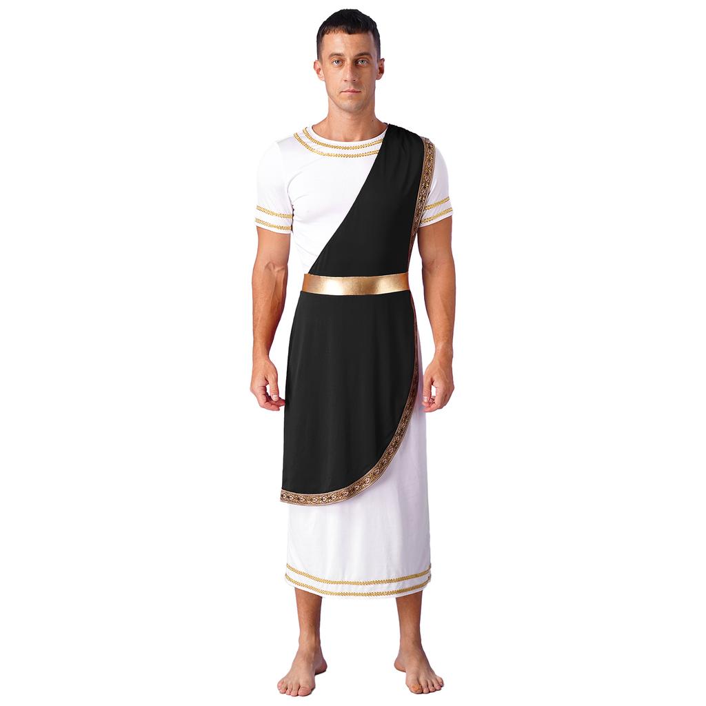 Mens Halloween Ancient Greek Toga Costume Short Sleeve Retro Gold Decoration Cosplay Roman Robe