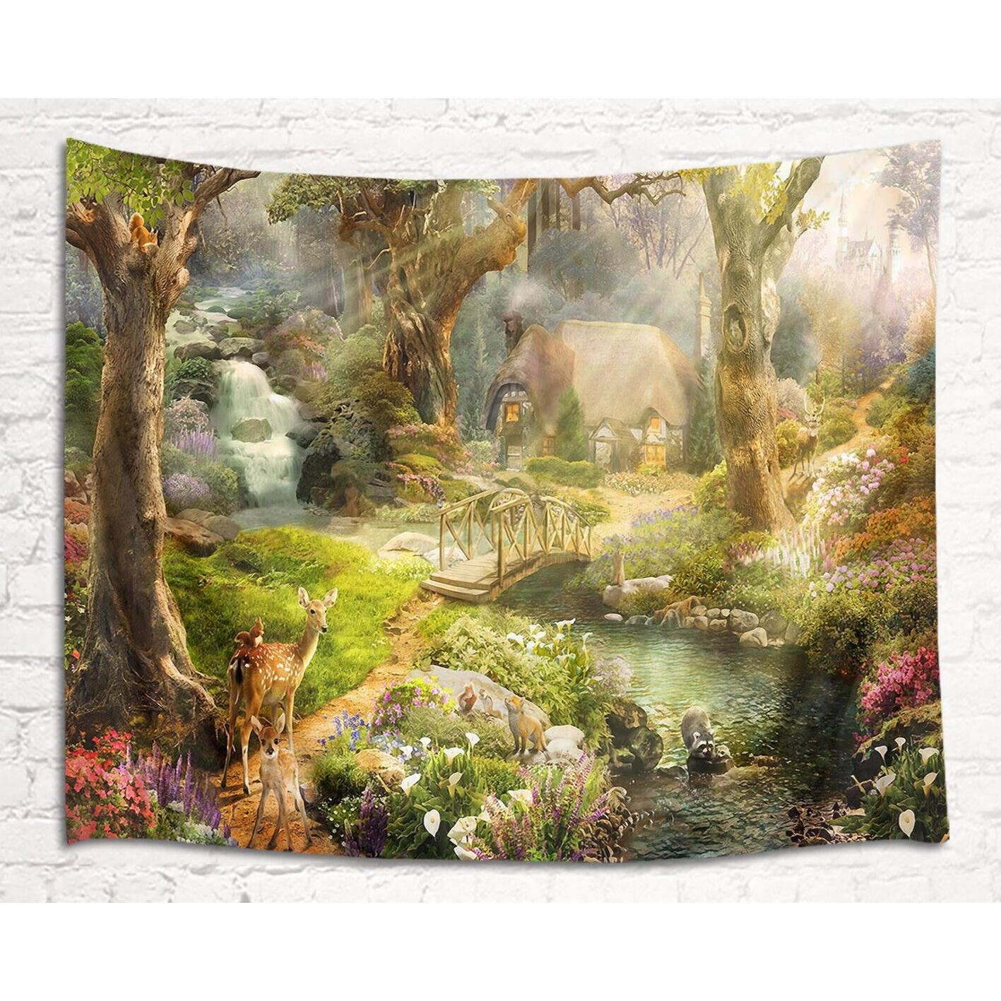 Tapestry fairytale wooden cottage in 75x100