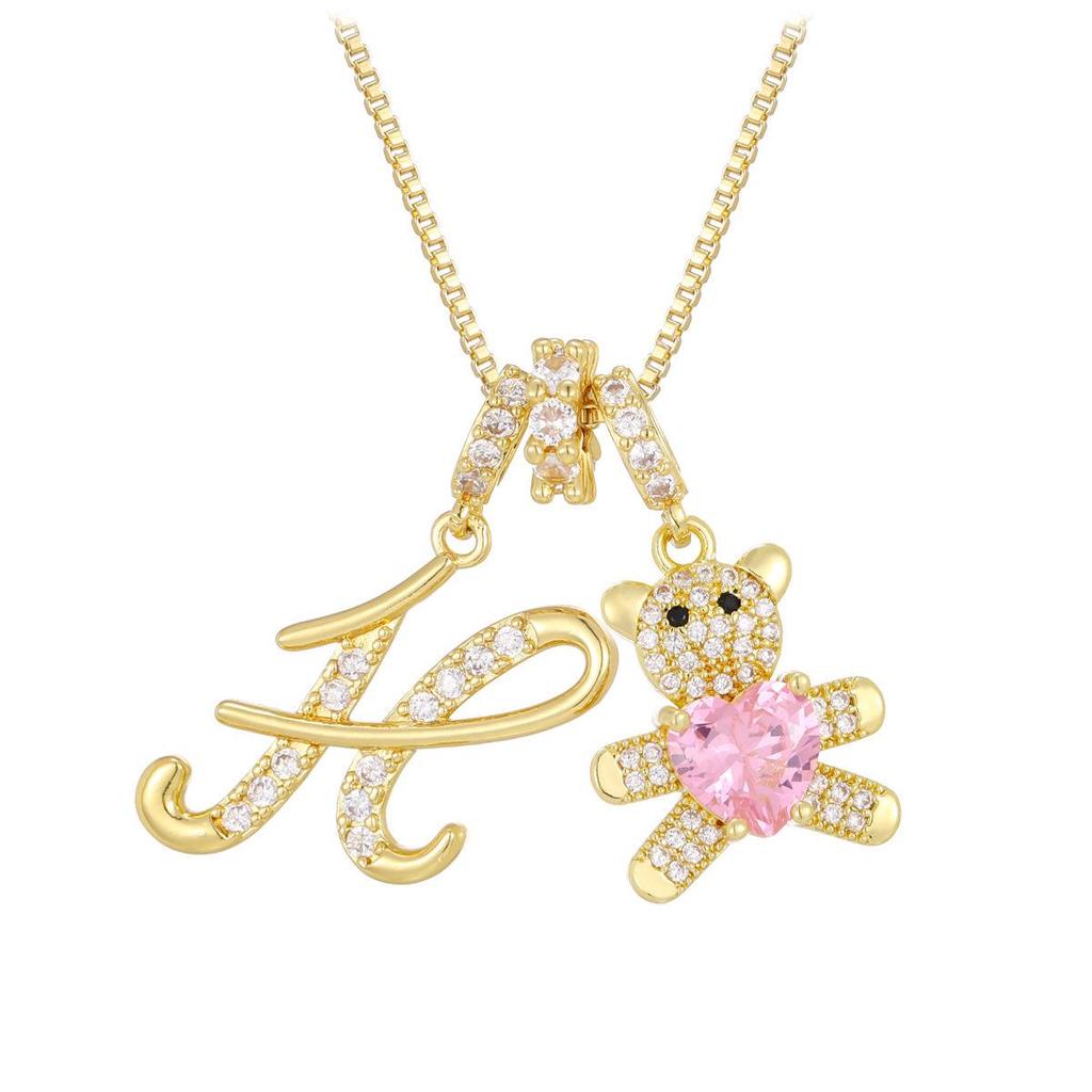 Luxurious Teddy Bear Pendant Necklace with Diamond Inlaid 26 English Letters Charm - European and American Fashion Style