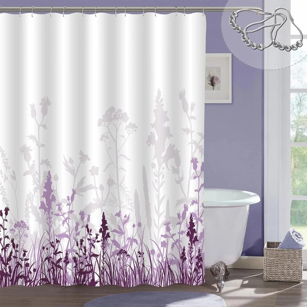 Lavender Shower Curtain With Hooks Waterproof Polyester Fabric Purple Floral Plant Bathroom Bathtub Curtains For Bath Room Tub