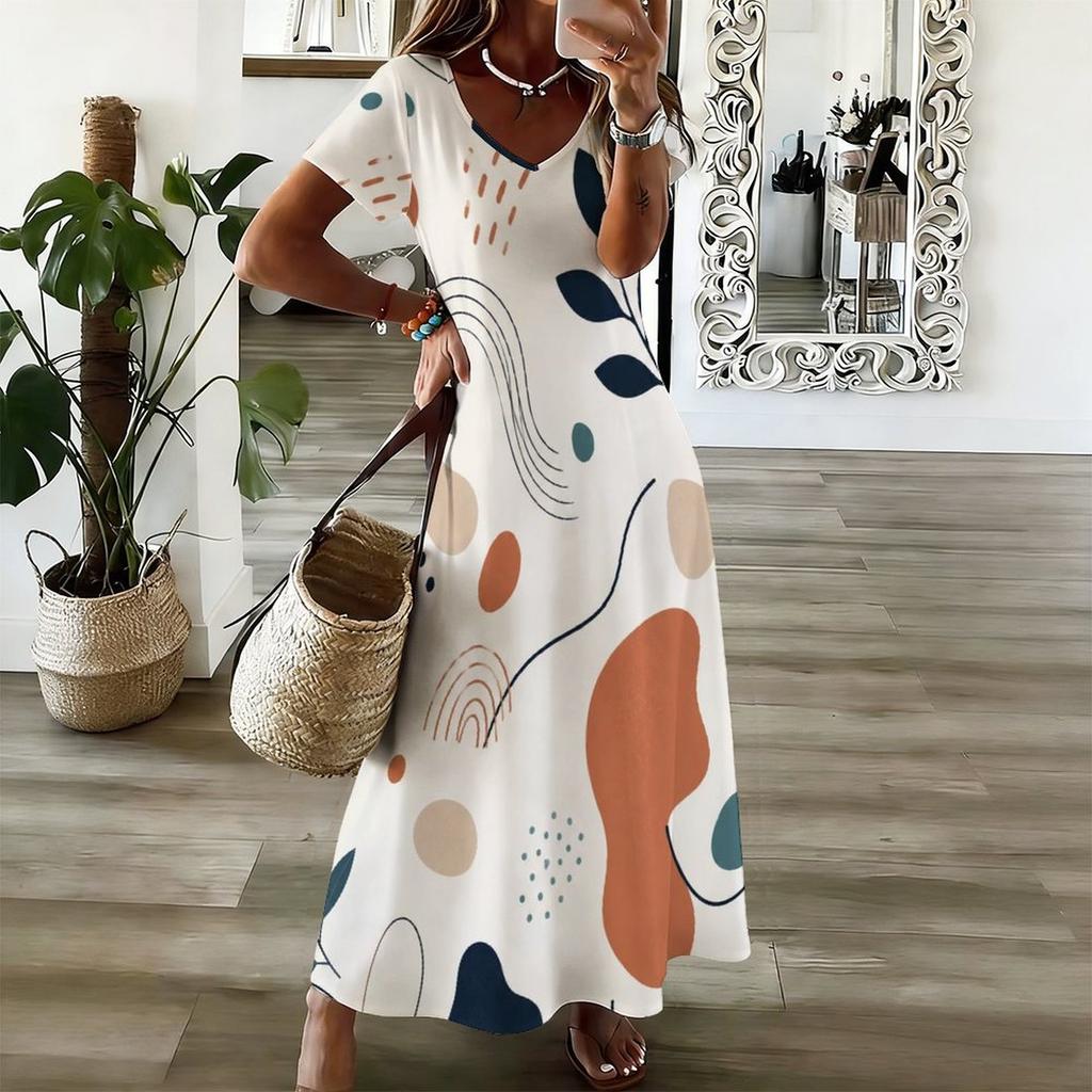Women Plus Size V Neck Short Sleeve Abstract Printed Straight Maxi Dress