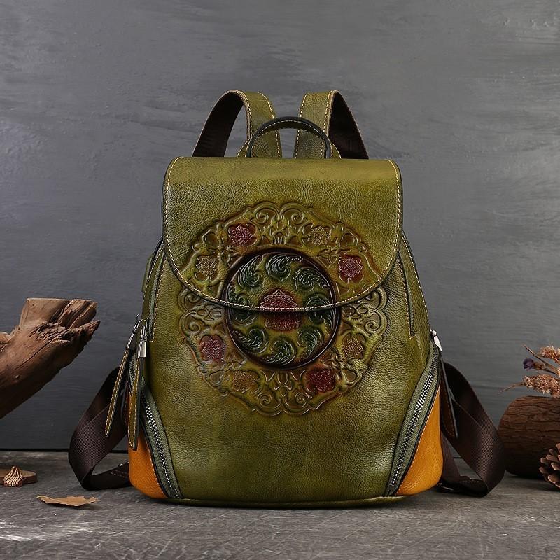Johnature Retro Handmade Totem Embossed Genuine Leather Backpack Women Bag Large Capacity Cowhide Bagpack Travel Bags