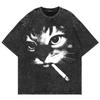 100% Baumwolle Vintage Gewaschen Y2k Lustiges Rauchende Katze T-Shirt Mode Damen Coole Katze Witz Übertrieben Locker Säurewäsche T-Shirts