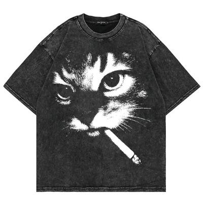100% Cotton Vintage Washed Y2k Funny Smoking Cat T Shirt Fashion Women Cool Cat Joke Oversize Loose Acid Wash Tees Shirts