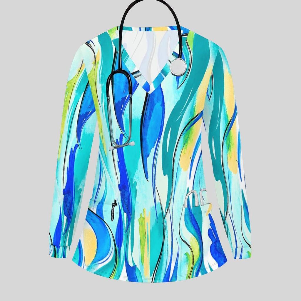 Women Plus Size Blue Pink White Printed V Neck Long Sleeve Nurse Scrub Top With Front Pockets