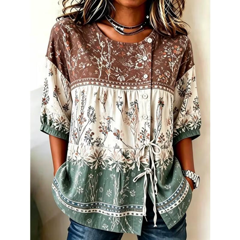 Women's printed lace-up short-sleeved blouse, fashionable and versatile, comfortable and skin-friendly, machine washable.
