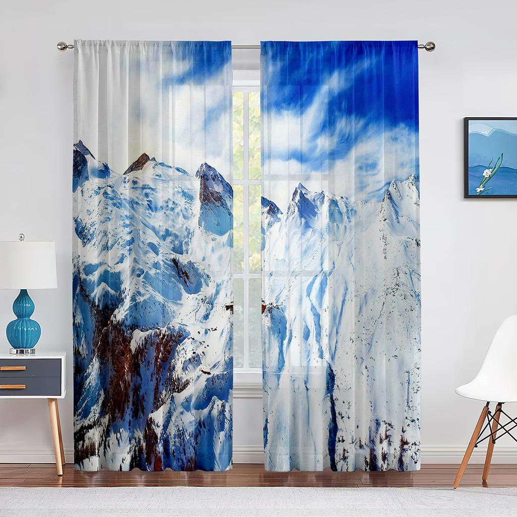 Surreal Cold Season Scenery High Snow Mountain Peaks Sheer Voile Curtains for Kitchen Living Room Bedroom Tulle Curtains Decor