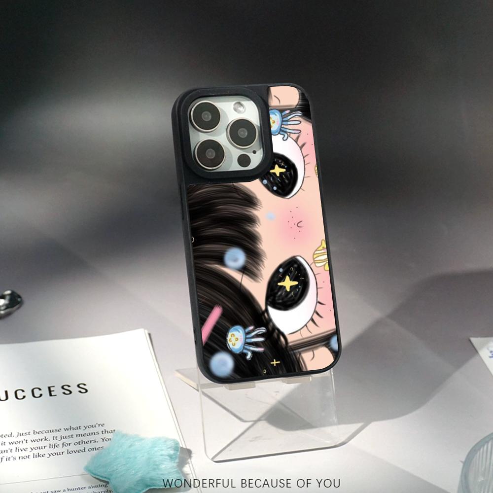 Big-eyed cute girl cartoon design Phone Case for iPhone 17 16 e 15 14 13 12 Pro Max Sheepskin Silver-edged protective case
