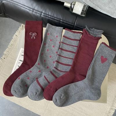Red Gray Socks Women Autumn Winter New Harajuku Vintage Long Socks Polka Dot Retro Bow Embroidery Lolita Kawaii Ruffle Sock