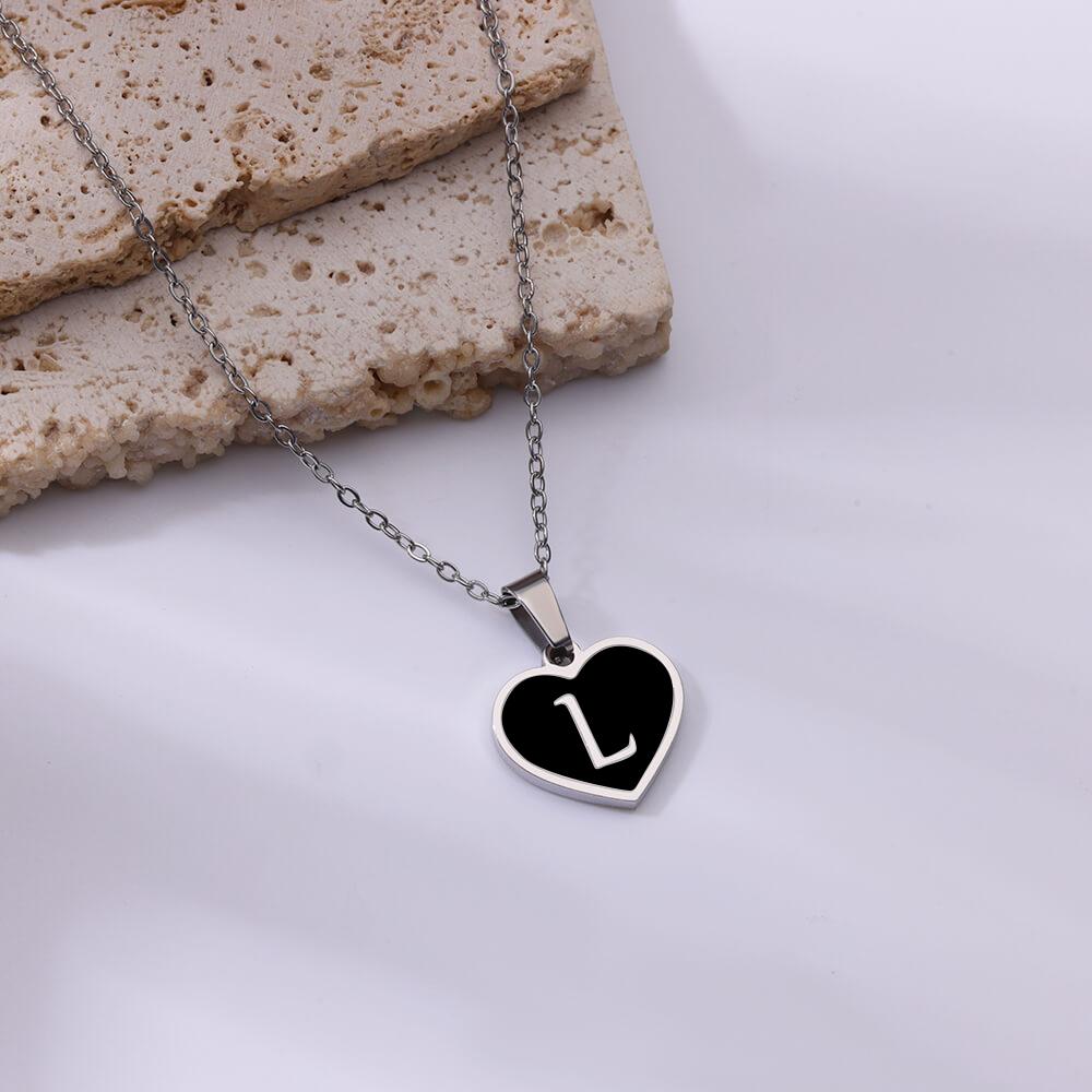 Stainless Steel Initial Letter Black Heart Necklaces Women Gothic Name Pendant Charm Necklace Wedding Zircon Anniversary Gifts