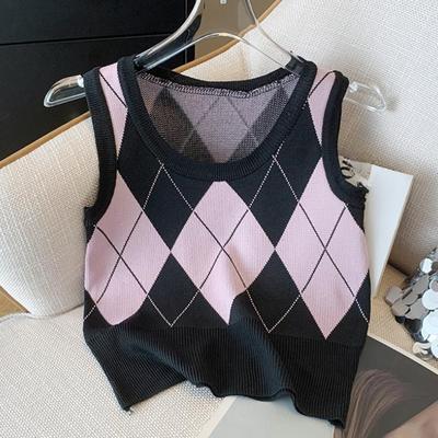 Autumn Fashion Casual Argyle Knitted Sweater Vest Women Winter Retro Sleeveless Pullover Sweater Women Waistcoat  Round Neck Knitwear Vests 24821