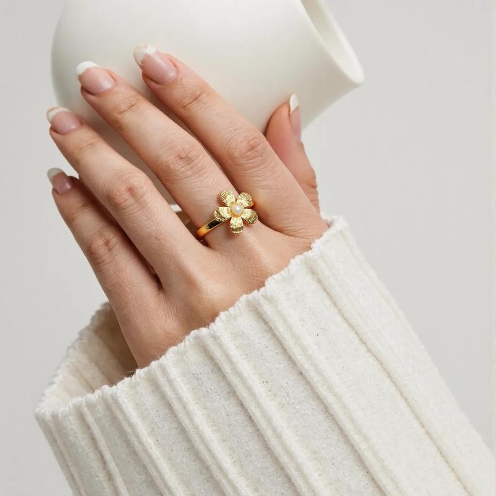 Golden Plated 5-Petal Flower Open Adjustable Ring with Synthetic Pearl for Women Elegant Statement Jewelry Gift