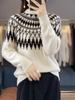 Women's Retro Jacquard Wool Sweater - Thick Loose Fit with Half-High Collar & Long Sleeves for Fall/Winter
